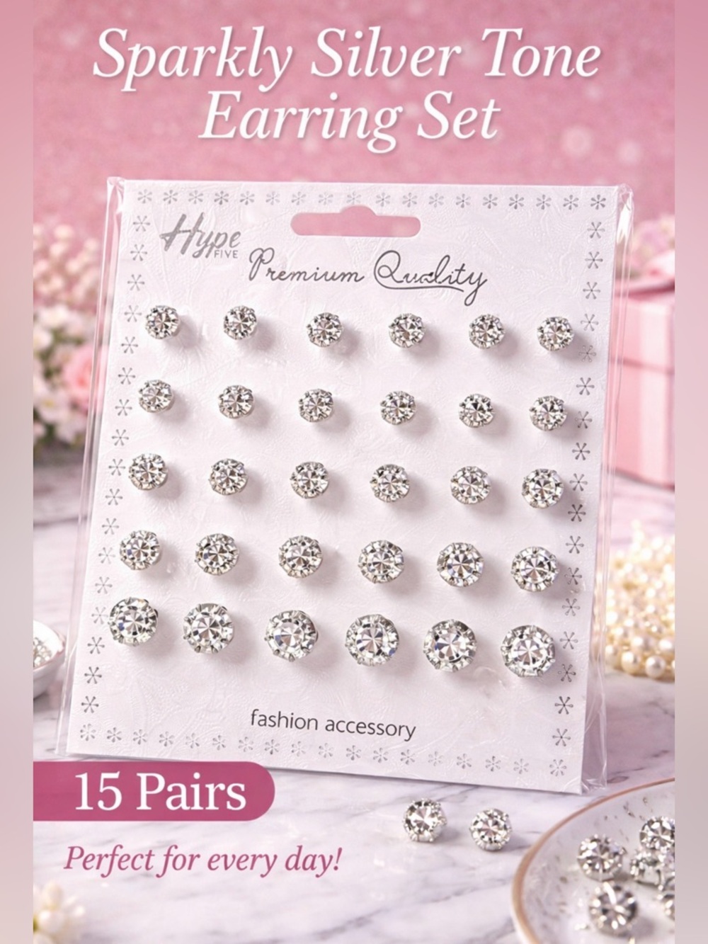 Sparkly Silver-Tone Stud Earring Set - 15 Pairs